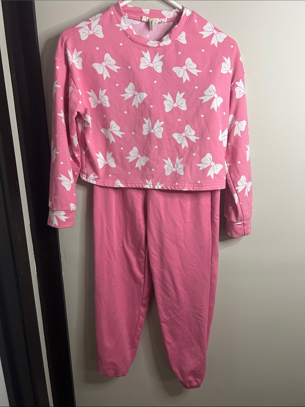 Girls Pink Bow-Print Two-Piece Pajama Set